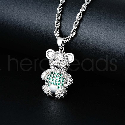 Brass Micro Pave Cubic Zirconia Cute Mini Cartoon Bear Pendant Necklaces for Women OL3242-9-1
