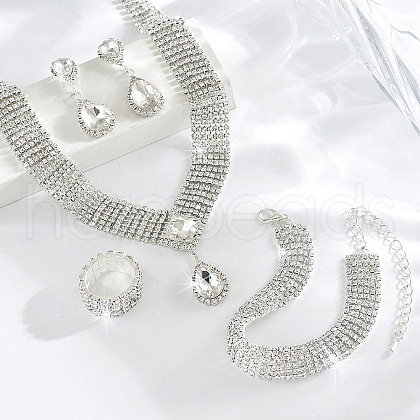 Teardrop Brass Rhinestone Bracelets & Earrings & Necklaces & Rings Sets FS-WGC81F5-03-1