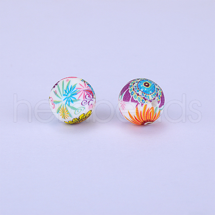 Printed Round with Flower Pattern Silicone Focal Beads SI-JX0056A-172-1