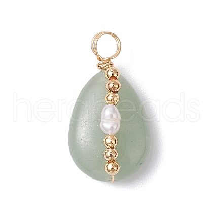 Copper Wire Wrapped Natural Green Aventurine & Natural Cultured Freshwater Pearl Beads Pendants PALLOY-JF03645-02-1