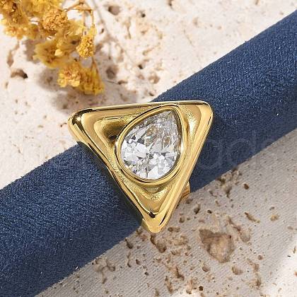 Triangle 304 Stainless Steel Rhinestone Open Cuff Rings for Women RJEW-M048-03G-1