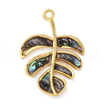304 Stainless Steel Pave Natural Paua Shell/Abalone Shell Leaf Pendants STAS-S163-23G-1