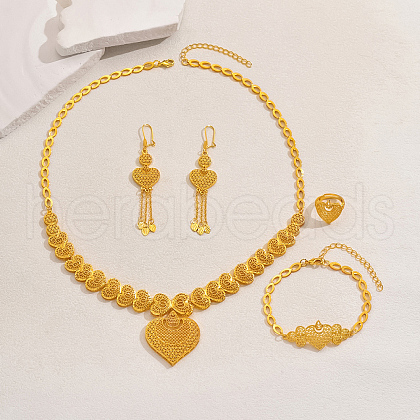 Luxurious Middle Eastern Alloy Hollow Heart Pendant Tassel Bracelets & Earrings & Necklaces & Rings Sets XT0029-1