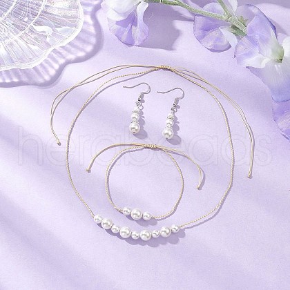 Round Shell Pearl Beaded Necklace & Bracelet & Dangle Earring Sets SJEW-JS01337-1