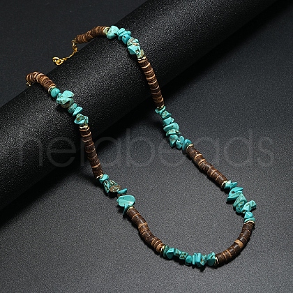 Synthetic Turquoise Chips & Coconut Disc Beaded Necklace PW-WG14432-01-1