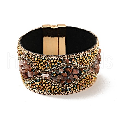 Natural Carnelian Chips & Rhinestone & Alloy Beaded PU Leather Cord Bracelet with Magnetic Clasp BJEW-I305-01E-1