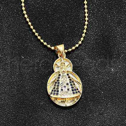 Brass Clear & Blue Cubic Zirconia Nossa Senhora Aparecida Virgin Pendant Necklaces for Women NJEW-U039-01B-G-1