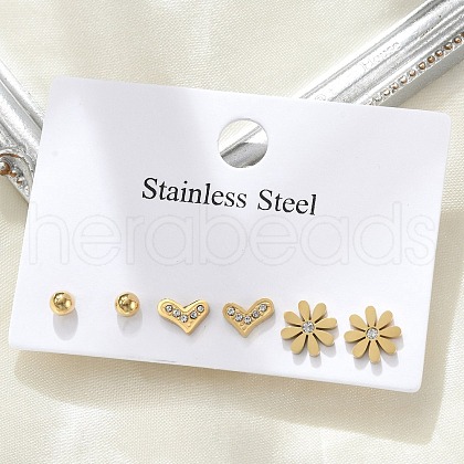 304 Stainless Steel Rhinestone Flower & Heart & Round Earring Sets EJEW-Z098-23G-1