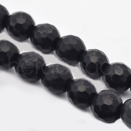 Faceted Round Natural Black Stone Beads Strands G-E302-066-6mm-1