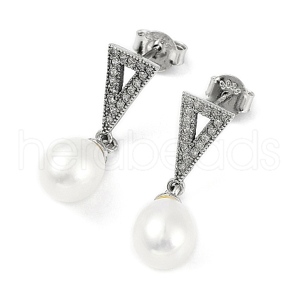 Anti-Tarnish Cubic Zirconia Triangle with Natural Pearl Dangle Stud Earrings EJEW-F318-05P-1