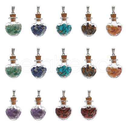 DICOSMETIC 2 Sets Mixed Stone Chip Heart Glass Wishing Bottle Pendants FIND-DC0005-62-1