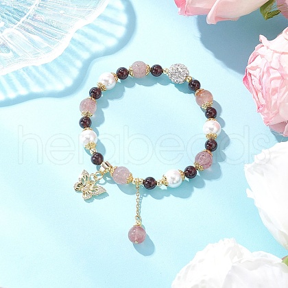 Natural Garnet & Strawberry Quartz and Shell Pearl Beads Stretch Bracelets BJEW-JB11821-1