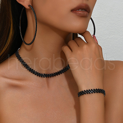 Alloy with Jet Rhinestone Chain Necklace & Hoop Earring & Bracelet FS-WG9D127-01-1
