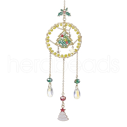 Glass Beads Wire Wrapped Brass Christmas Tree Pendant Decoration HJEW-TA00235-1
