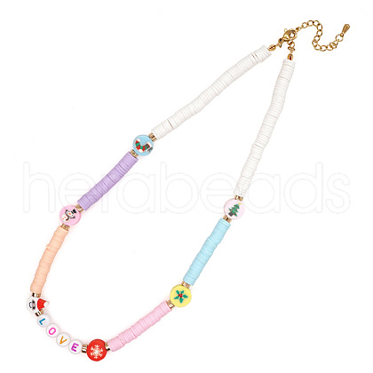 Christmas Theme Glass & Imitation Pearl & Brass LOVE Heishi Beaded Necklaces GF3195-8-1