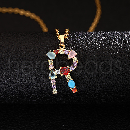 Brass Pave Colorful Cubic Zirconia Initial Pendant Necklaces for Women FS-WG659DF-18-1