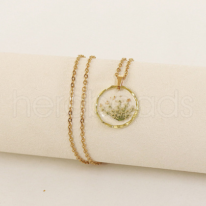 Alloy & Plastic Inner Flower Flat Round Pendant Necklaces FS-WG8915D-12-1