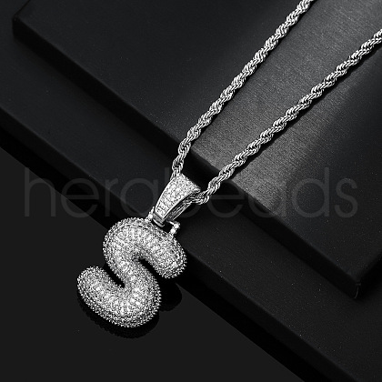 Brass Micro Pave Clear Cubic Zirconia Chunky Initial Pendant Necklaces WG24EA8-19-1
