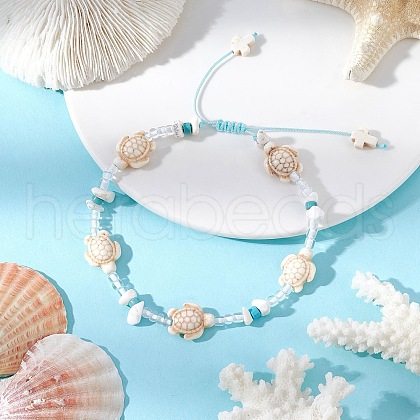 Turtle Cross Synthetic Turquoise & Magnesite & Glass Seed Braided Beaded Adjustable Anklets AJEW-AN00652-1