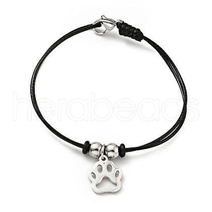 304 Stainless Steel Paw Print Charm Bracelet with Waxed Cord for Women BJEW-A125-18-1