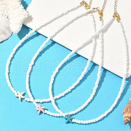 3Pcs 3 Colors Dyed Synthetic Turquoise Starfish & Glass Seed Beaded Necklaces NJEW-JN05330-1