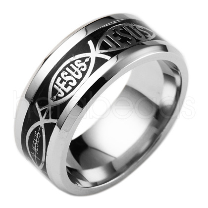 Stainless Steel Jesus Fish with Word Finger Ring EAER-PW0001-170D-02-1