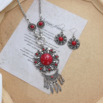 Vintage Ethnic Bohemian Style Alloy & Resin Pendant Necklace & Dangle Earrings Sets FS-WGADC17-04-1