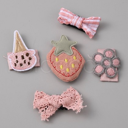 Cute Strawberry/Bowknot/Ice-cream/Flower Polyester & Cotton Hair Clips Set OHAR-WH0021-27-1