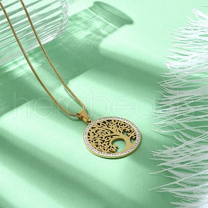 304 Stainless Steel Crystal Rhinestone Tree of Life Pendant Necklaces for Women NJEW-P327-03G-1