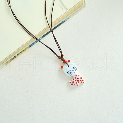 Porcelain Pendant Adjustable Imitation Leather Cord Necklaces for Women FS-WGE6687-07-1