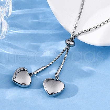 304 Stainless Steel Heart Round Snake Chain Slider Lariat Necklaces NJEW-R026-26P-1