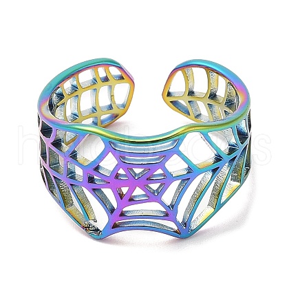 Ion Plating(IP) 304 Stainless Steel Hollow Spider Web Open Cuff Ring for Women RJEW-M149-25RC-1