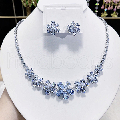 Flower Brass Micro Pave Cubic Zirconia Necklaces & Stud Earrings Sets FS-WG9424F-01-1