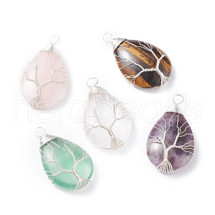 Natural Amethyst & Natural Tiger Eye & Natural Green Fluorite & Natural Rose Quartz & Natural Quartz Crystal  Pendants PALLOY-JF01307-1