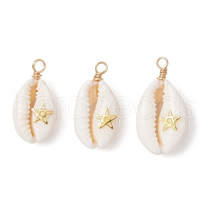 Copper Wire Wrapped Natural Cowrie Shell Pendants PALLOY-JF03554-04-1