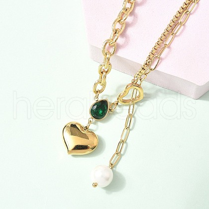 304 Stainless Steel Pave Green Cubic Zirconia Heart Pendant Necklaces for Women NJEW-U040-01A-G-1