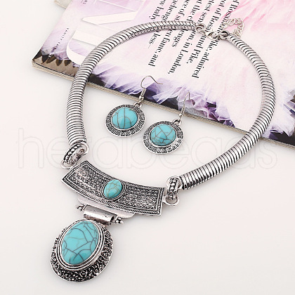 Oval Synthetic Turquoise Pendant Necklaces & Dangle Earrings Sets. Alloy Jewelry Sets FS-WGD3387-01-1