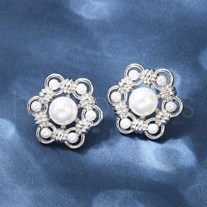 Flower Brass ABS Imitation Pearl Stud Earrings EJEW-M082-09P-1