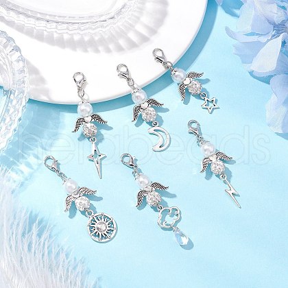 6Pcs 6 Styles Alloy Beaded & Polymer Clay Pave Rhinestone Beaded & Glass Beaded Pendant Decoration HJEW-JM03069-1