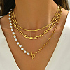Baroque Style Stainless Steel & Brass & Imitation Pearl 3 Layered OT Buckle Necklaces for Women EE6701-1