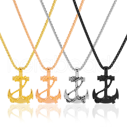 FIBLOOM 4Pcs 4 Colors Stainless Steel Anchor Pendant Necklaces Set with Box Chains for Men NJEW-FI0001-26-1