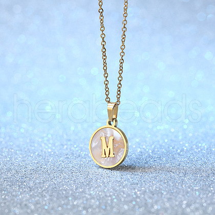 Flat Round Stainless Steel Pave Natural White Shell Initial Pendant Necklaces for Women FS-WG6FA45-13-1
