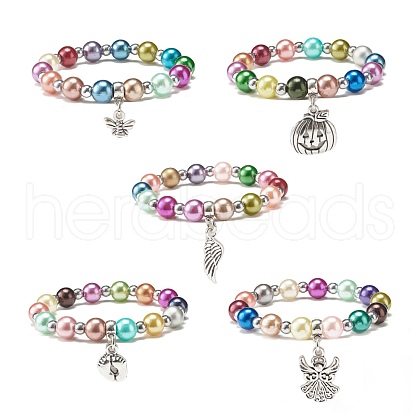 Imitation Pearl Beaded Stretch Bracelet with Drop Charm for Kids BJEW-JB07638-1