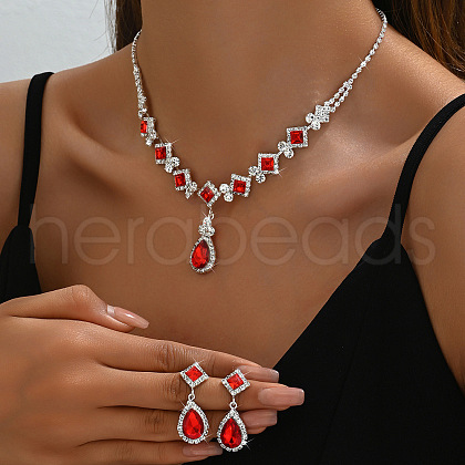 Teardrop & Rhombus Brass Rhinestone Pendant Necklaces & Stud Dangle Earrings Sets FS-WG09414-04-1