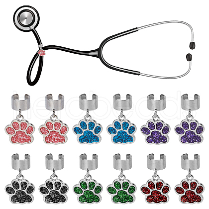 12Pcs 6 Colors Paw Print Alloy Enamel Stethoscope Pendant Decorations HJEW-OC00055-1