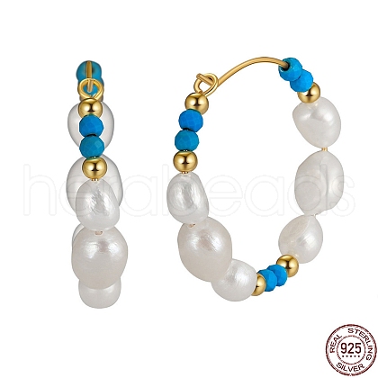 Dyed Natural Turquoise & Pearl Beaded Hoop Earrings EJEW-G369-01G-1