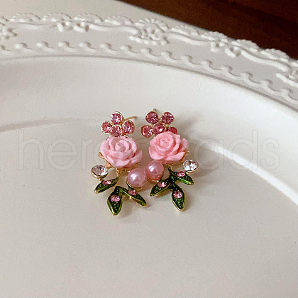 Rose Alloy Rhinestone Dangle Stud Earrings FS-WG9B03D-06-1