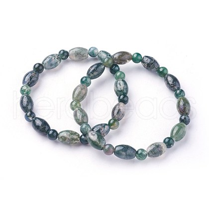 Natural Moss Agate Beads Stretch Bracelets BJEW-F380-03-1