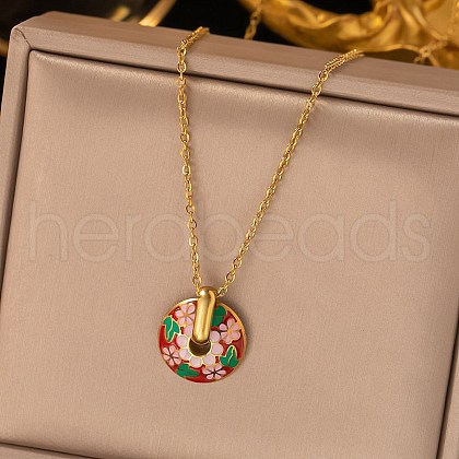 304 Stainless Steel Enamel Flat Round Necklaces for Women NJEW-Q028-01C-G-1
