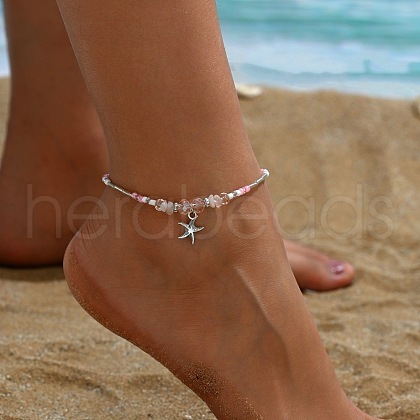 Natural Rose Quartz Chips Beads Anklets WGE754A-03-1